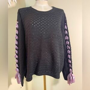 37 Orchard Black Sweater with Lavender Ribbon Details M